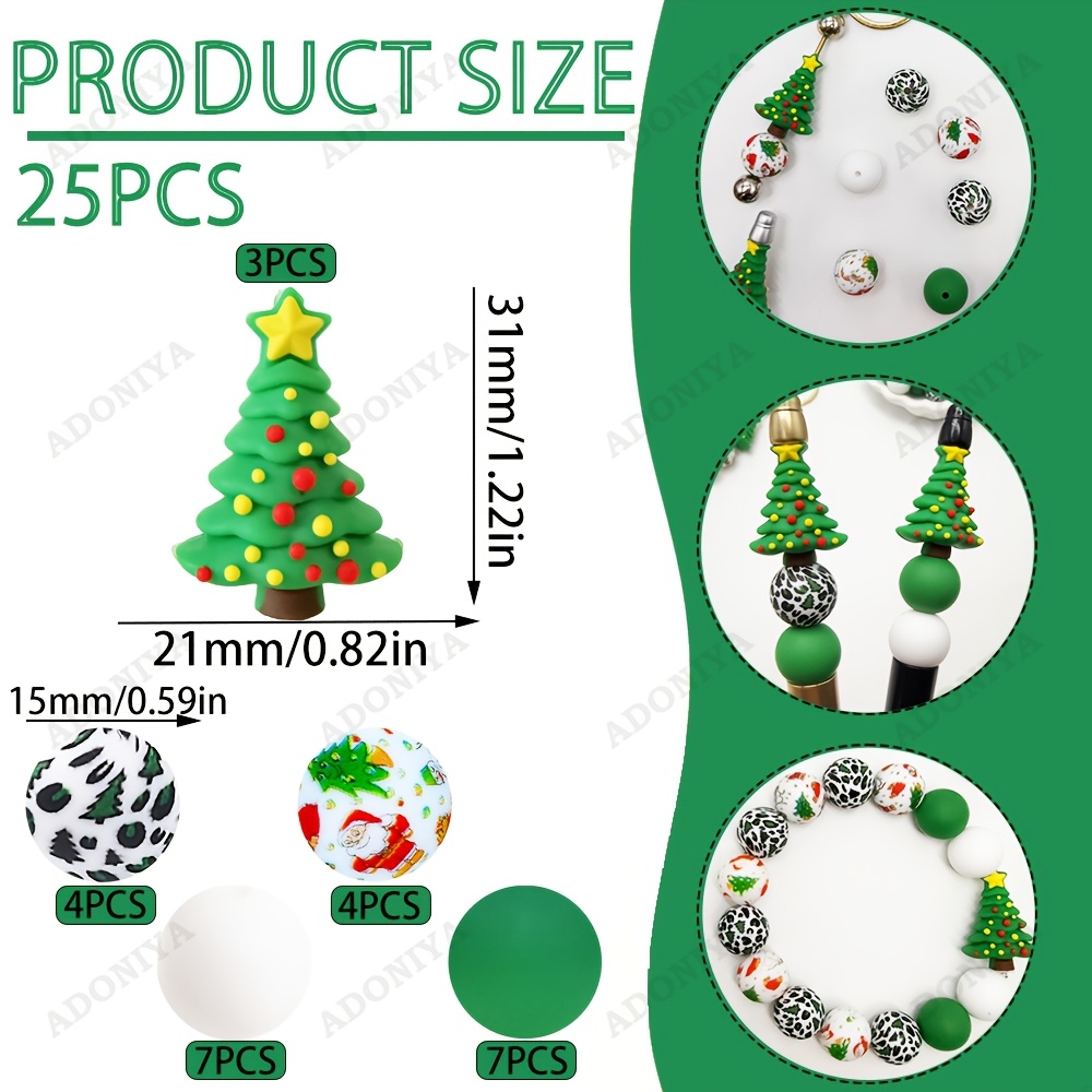 TEMU 25pcs Christmas Tree Silicone Beads With Tree-shaped Capsules Suitable For Making, Beaded Crafts, Earrings, Charms - Holiday Birthday Gifts For