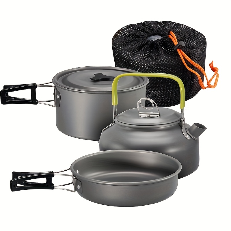 TEMU 3pcs Aluminum Cookware Set, Including A Cooking Pot And Kettle, For Camping Utensils, Hiking, Picnics, And Travel. Suitable For Hiking, Picnics,