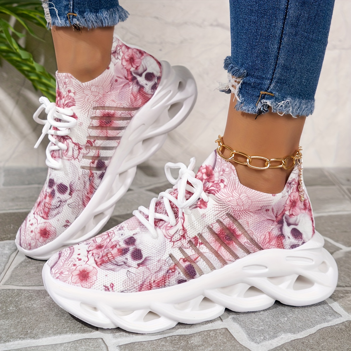 

Women's Skull Print Platform Sneakers, Breathable Flying Woven Outdoor Shoes, Comfortable Low Top Sport Shoes