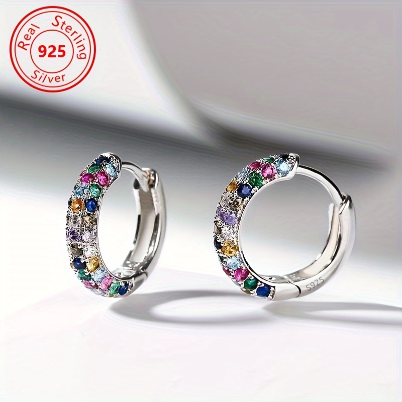 

1 Pair Elegant 925 Sterling Silver Hoop Earrings, Hypoallergenic, Bohemian & Vintage Style With Sparkling Multicolored Cubic Zirconia Perfect For Every Occasion, Luxurious Festive Gift