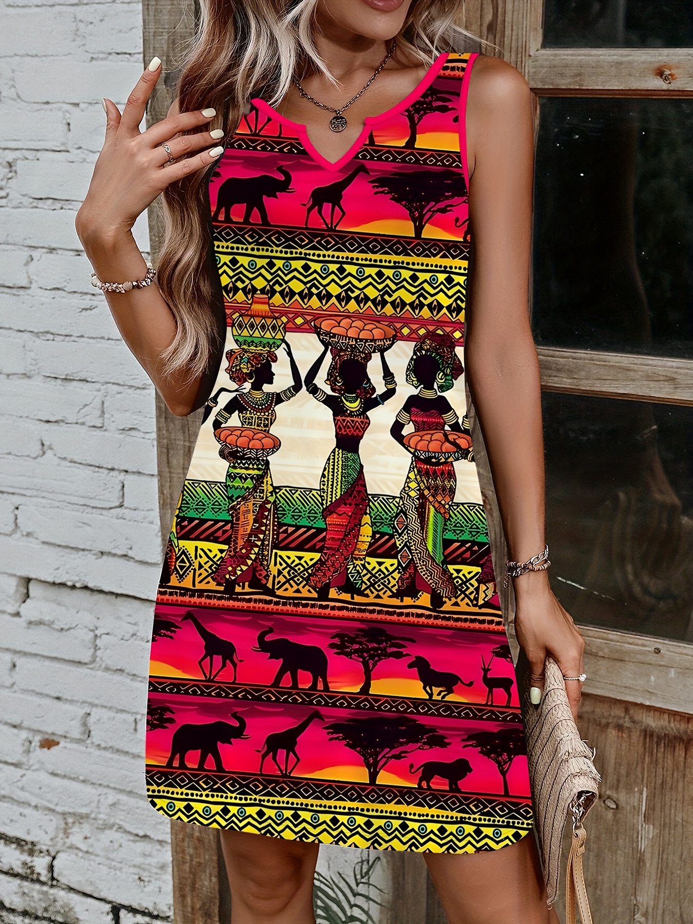 Women's Tribal Geometric Animal Print Sleeveless V-Neck Dress - Machine  Washable Polyester, Bodycon Top & A-Line Skirt, Knee-Length Casual to  Dressy W
