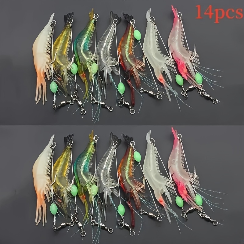 14pcs -the-dark Soft Shrimp Fishing Lures Set With Hooks - High Catch Artificial Bait Kit For , Mixed Colors
