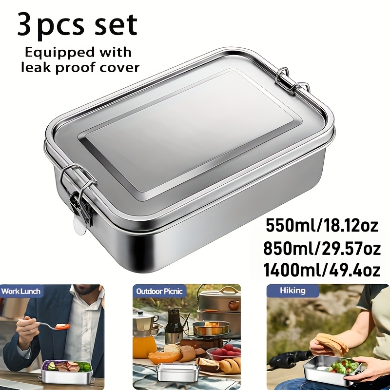 Image of 304 Stainless Steel Lunch Box With Compartments, Leakproof Bento Box With Divider, Food Grade Metal Lunch Container With Secure , Reusable Portable Meal Prep Box For Office, School, Camping And Picnic