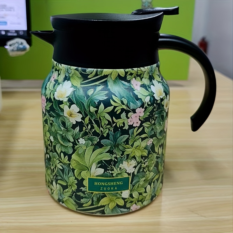 1pc elegant floral   steel tea carafe double walled insulated tea pot with infuser loose leaf brewing for home and office use loose leaf tea maker elegant carafe design sleek black lid