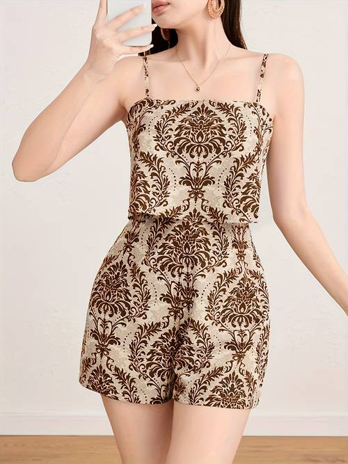 item picture womens elegant off shoulder jumpsuit brown floral print backless design lightweight summer outfit for parties dates