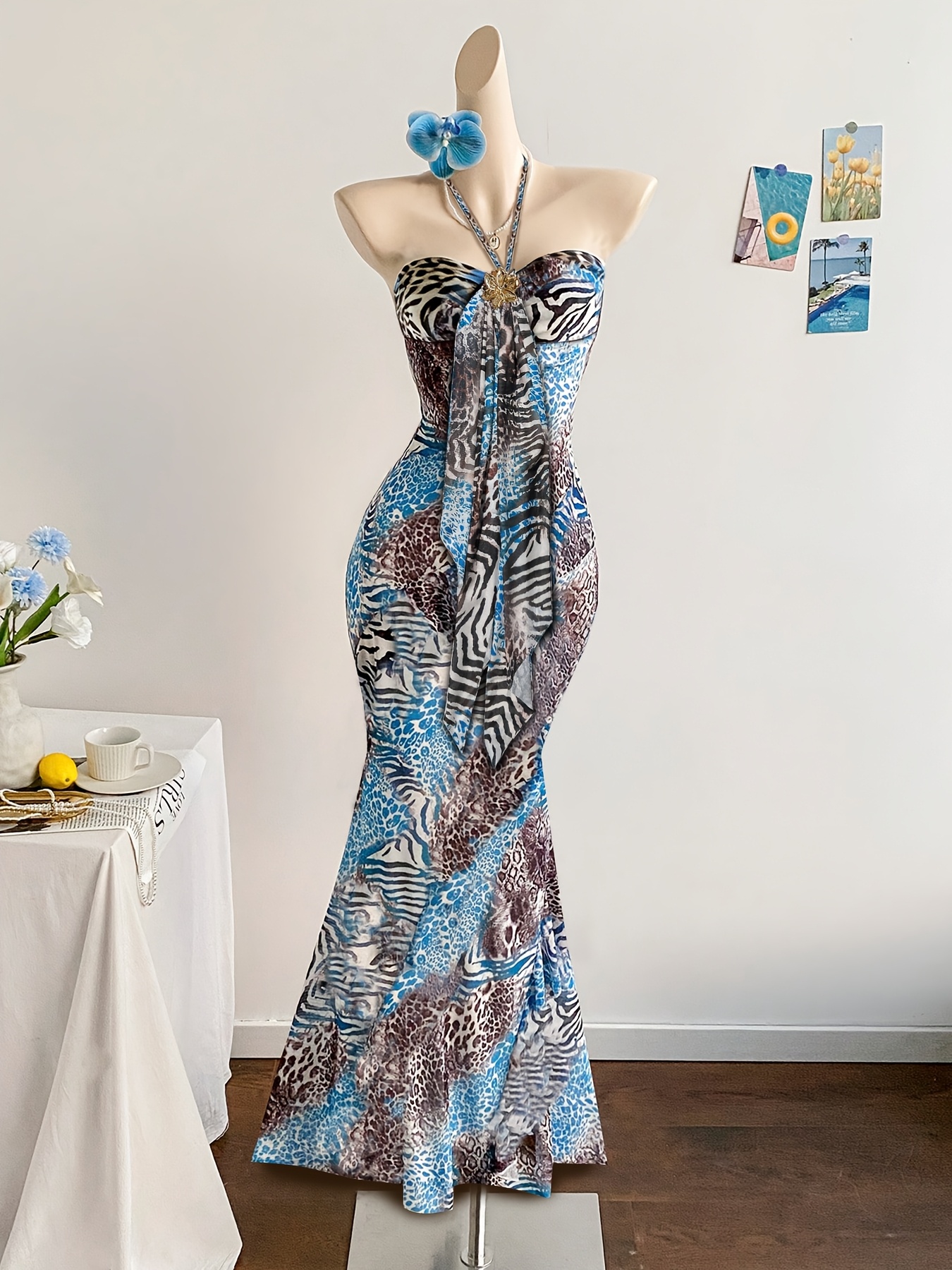 elegant ladies printed fishtail dress bandeau collar metal - Temu  Switzerland