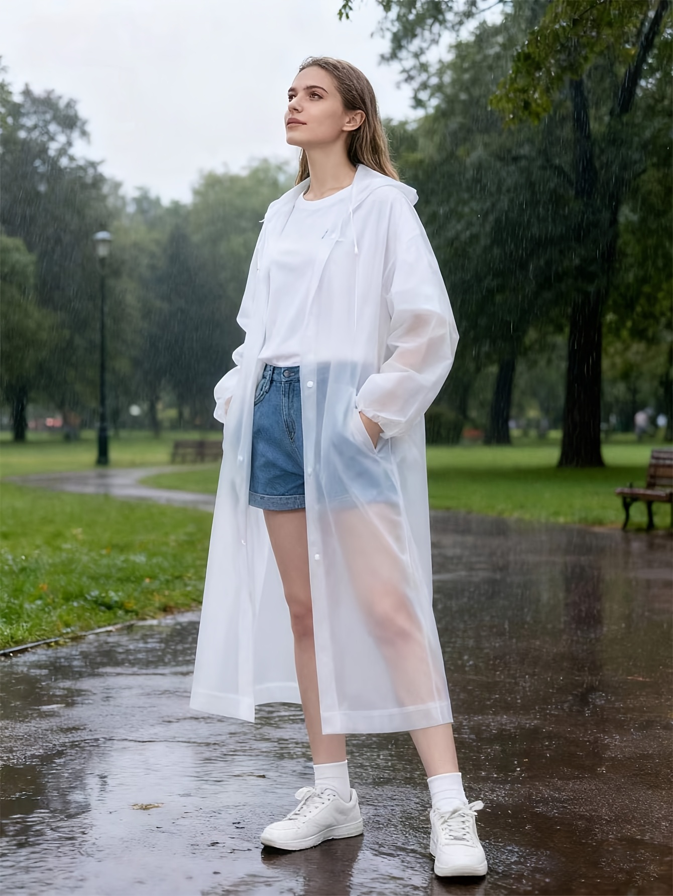 1pc White Thickened Transparent EVA Hooded Full-Body Raincoat, Portable Outdoor Rain Jacket Long Sleeve Jumpsuit Raincoat Adult Outdoor Riding Fashion Jumpsuit Raincoat Raincoat Adult Fashion Trench Coat Style Raincoat EVA