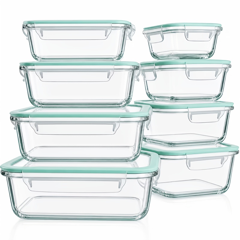 TEMU 20/16pcs Fridge Storage Container Set 10/8 Lids And 10/8 Box Glass Food Storage Box Cleaning Cloths, Suitable For Refrigerator Storage Boxes,