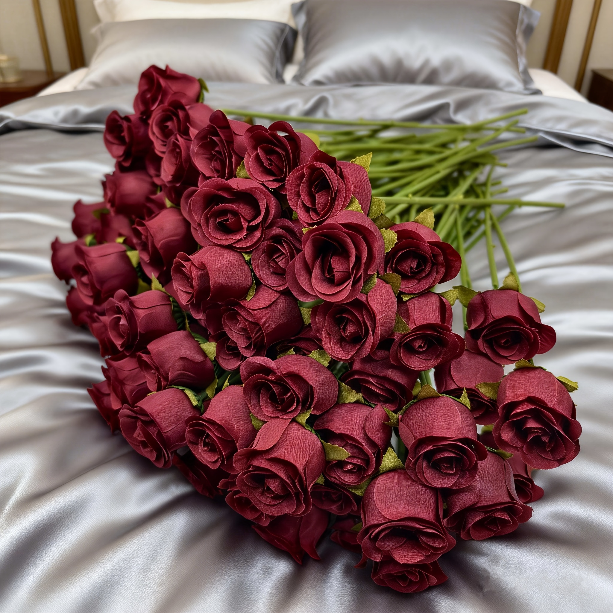 Bouquet Of 50 Wine-red Artificial Roses With Small Roses, Suitable For Vase Arrangements, Home Decor, Diy Wedding And Hotel Decoration, Handmade Ornaments, Christmas Decor, Halloween Decor
