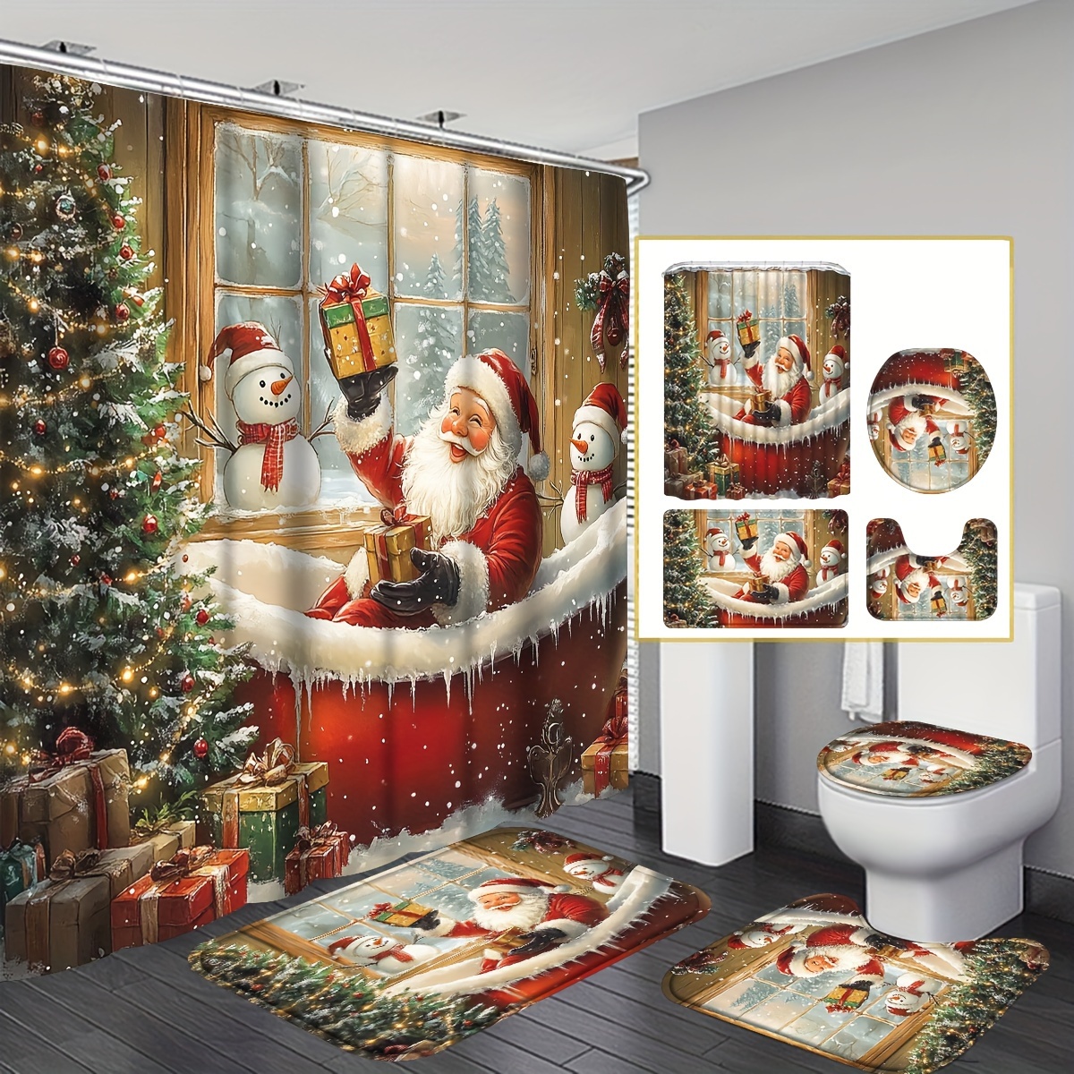 

4pcs Red Christmas Shower Curtain Set, Curtain Set Rugs, Mat, , Curtain Set 12 , Christmas Snowman And Shower Curtain Set 2