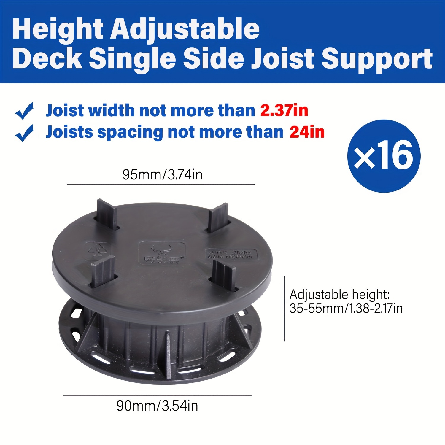 Image of 16 Sets Of 35-55mm Supports, Outdoor Deck Flooring Joist Garden Base, Paver Support With Adjustable Plastic Base