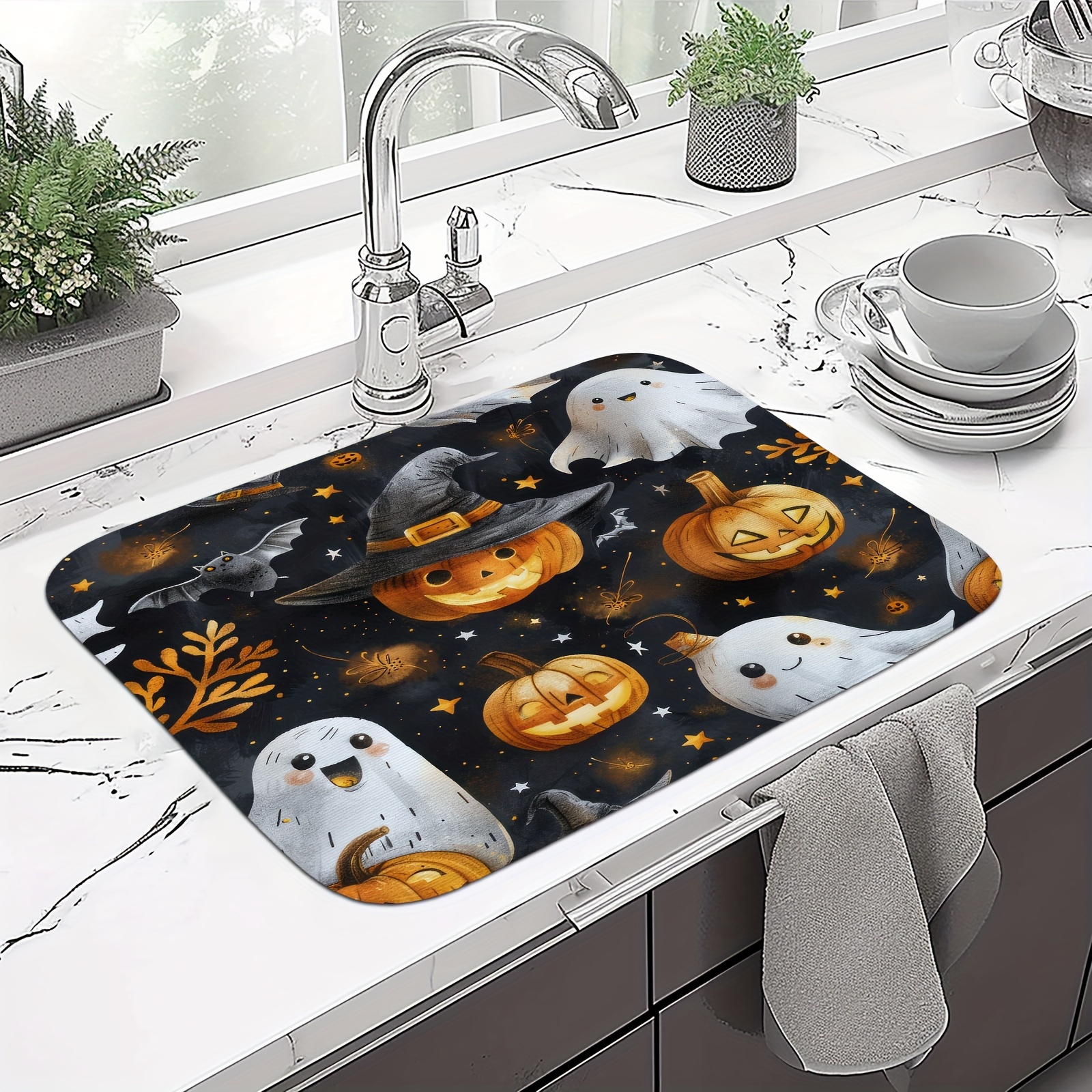 

Halloween Dish Drying Mats - Set Of 1, Polyester Microfiber With Memory Foam Filling, Absorbent Glass Cloth With Breathable Mesh, Ghosts And Pumpkins Design, Kitchen Counter Accessories.