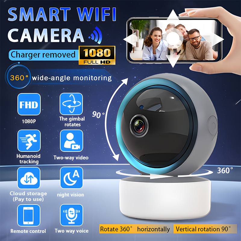 Monitor inteligente 1080P, cámara de vigilancia inalámbrica FHD para hogar, conexión dual-band 5G/2.4G WiFi, lente con giro panorámico 360°/90°, control por APP móvil, visión nocturna, detección de movimiento, llamadas bidireccionales, compatible con tarjeta de memoria/almacenamiento en la nube