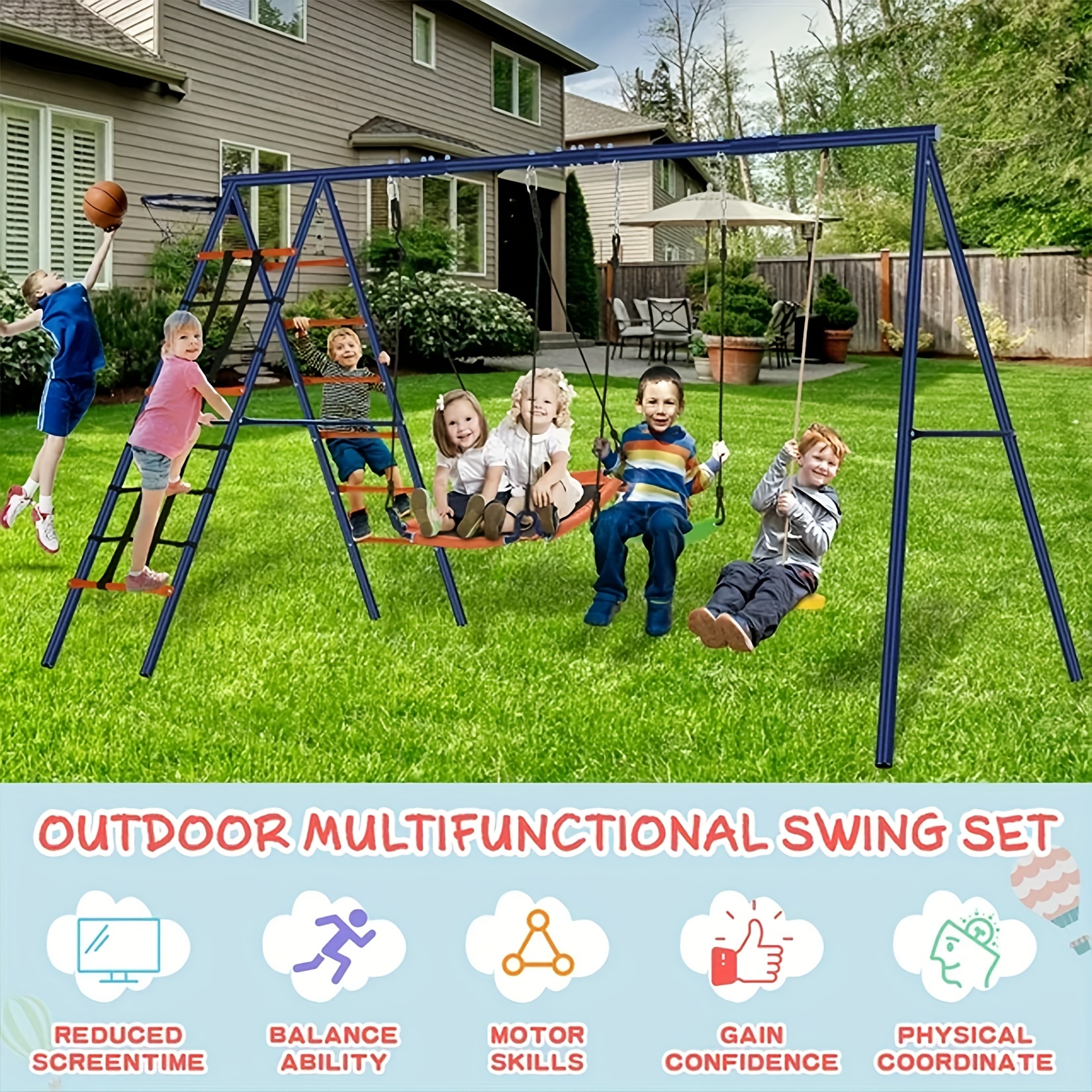 

550 Lbs Swing Set 6-in-1 Kids Swing Stand, Heavy Duty A-frame Outdoor Swing Set, Adjustable Kids Seat/ground Stakes For Backyard