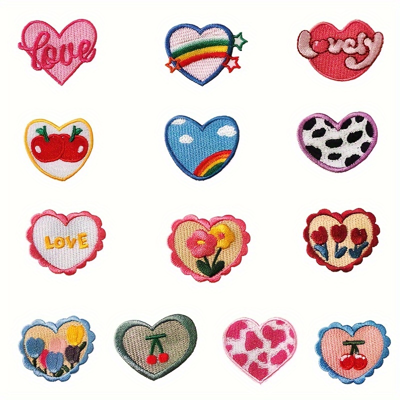 13-Piece Heart-Shaped Self-Adhesive Patches - Cute Embroidered Appliques For Clothing, Backpacks, Hats &amp; Jeans - Available In White, Purple, Red, Yell