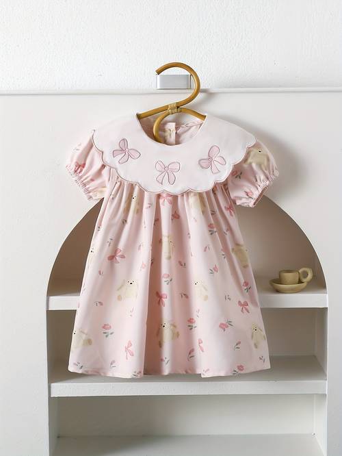 girls summer print lapel bow embroidered dress casual short sleeve dress