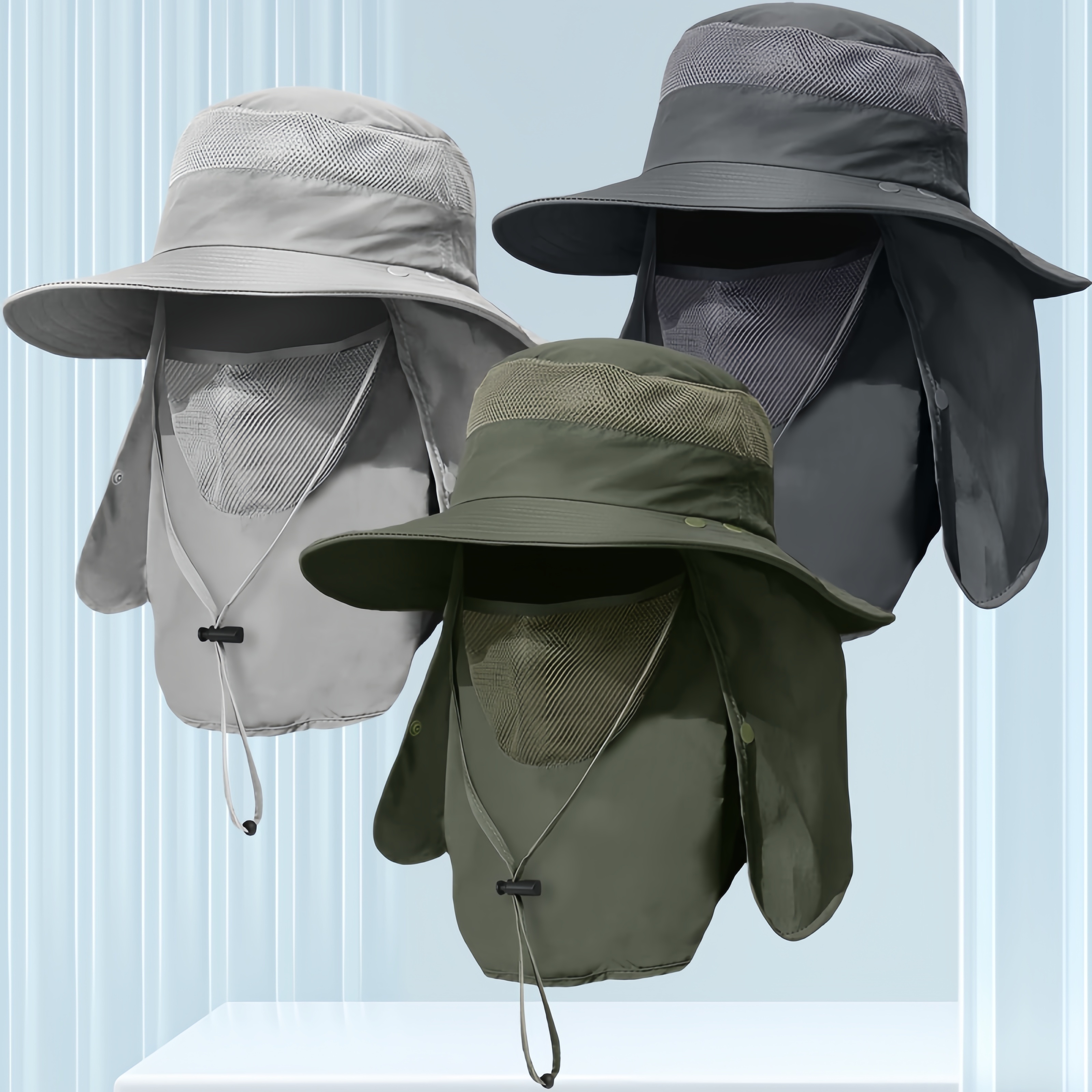 3 pack dark   gray army green mens and womens outdoor wide brim fishing hat with 50 sun protection face neck flap for hiking gardening riding breathable bucket hat with integrated neck shield