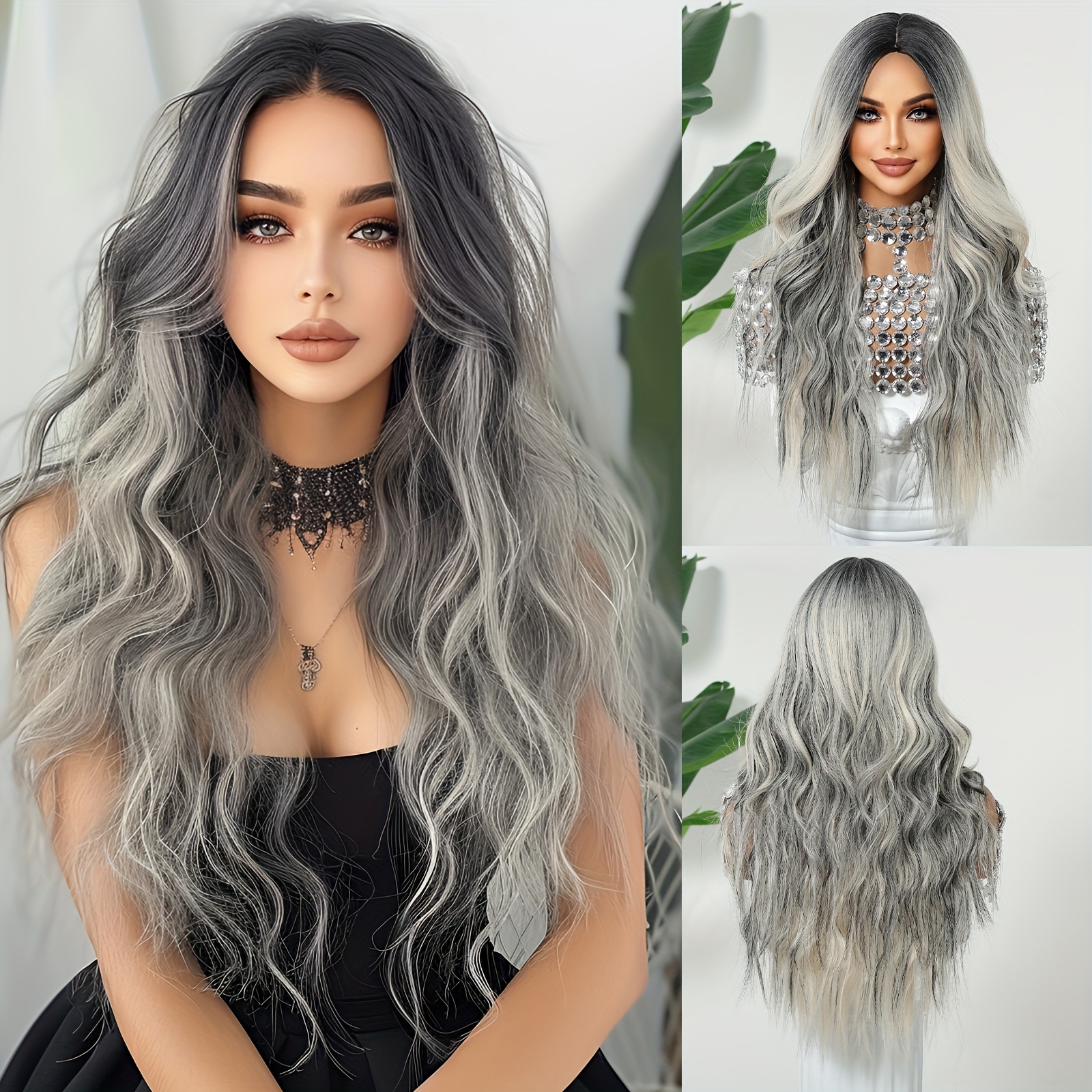 

Elegant Curly Wave Wig For Women, Tang Long Fiber, 150% Density, Cap, Gradient Color, Middle Part, Long Curly Hairpiece, Suitable For All - Ombre Grey