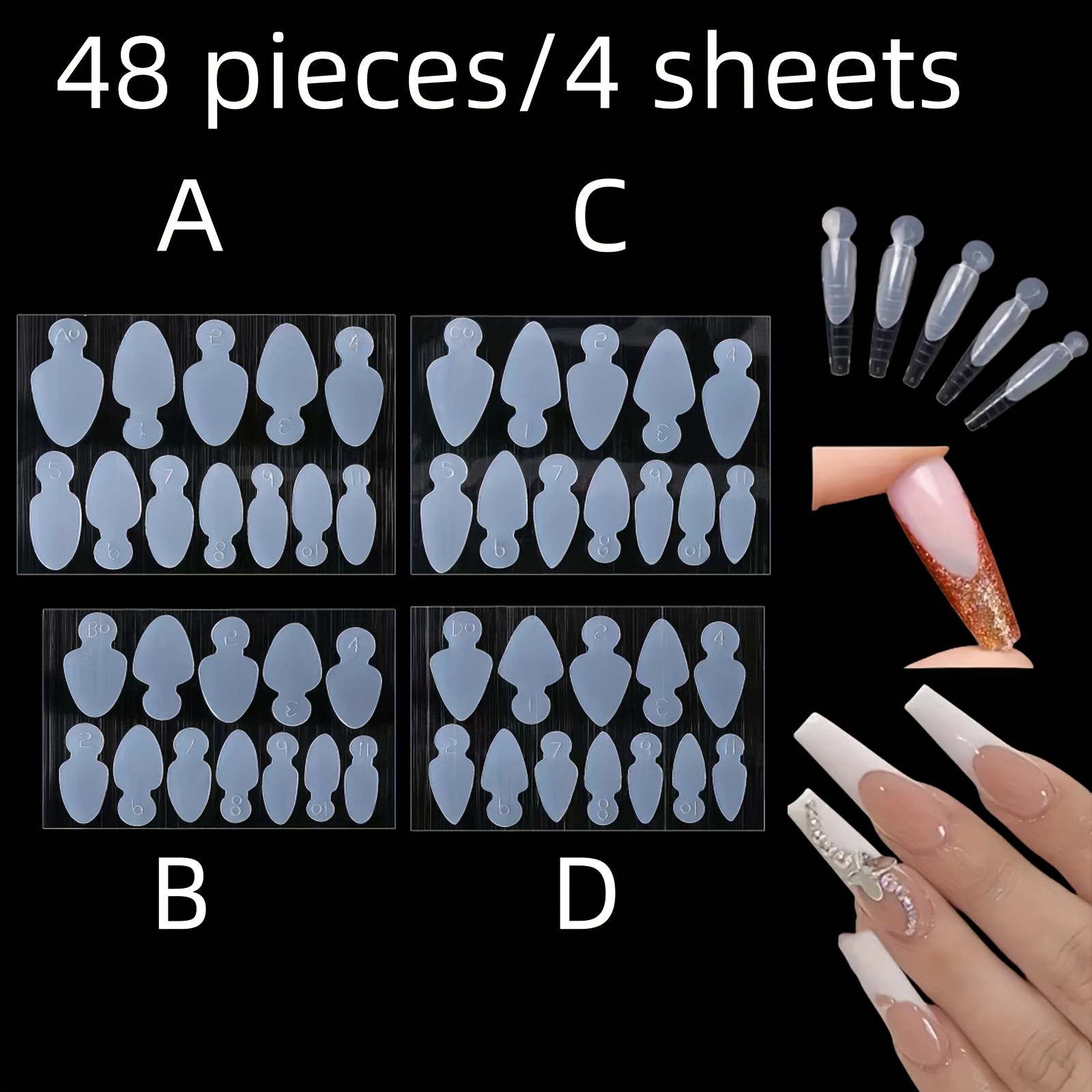 TEMU 4 feuilles/48 pièces de gabarits de manucure française réutilisables en silicone - Système de double adapté à plusieurs couches pour vernis à