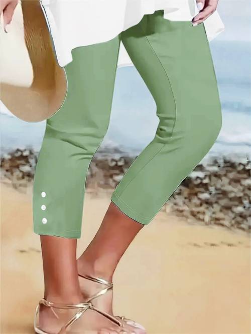 Capris Élégants pour Femmes de Couleur - Design Boutonné Extensible, Lavables en Machine, Pantalons Décontractés à Robes d Été, Tissu Non Transparent