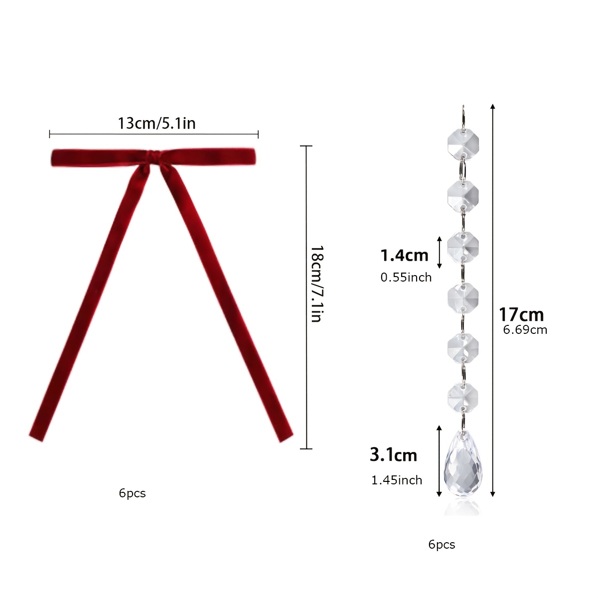 TEMU 2d Flat, 12pcs Burgundy Velvet Bow Crystal Christmas Ornament Set, Includes 6 Velvet Bows And 6 Ornaments, With Acrylic Icicle Prisms And Beaded