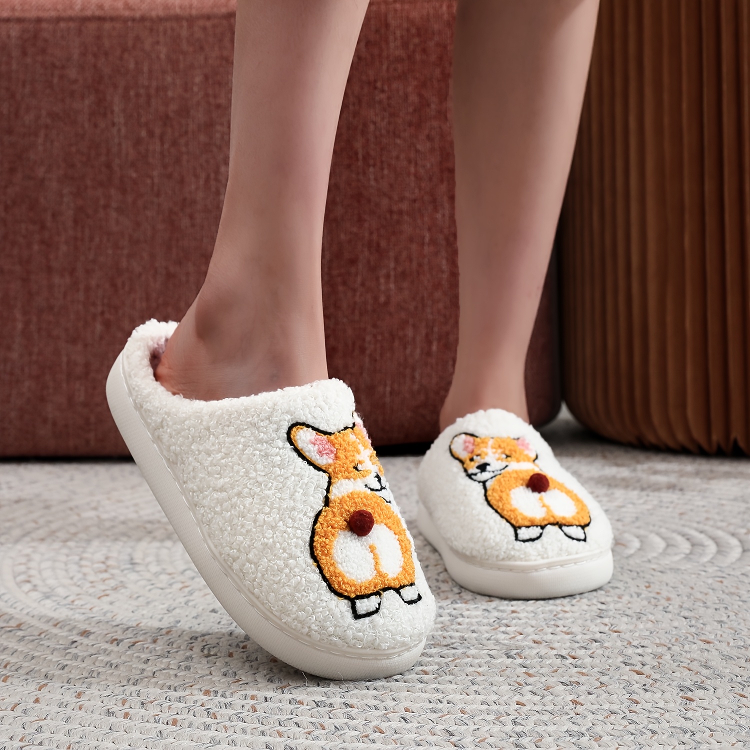 

Corgi-themed Plush Slippers For Pets, Indoor Winter Footwear For Men And Women, Cartoon Pattern, Washable Fabric With Tpr Sole - Perfect Gift For Dog Moms