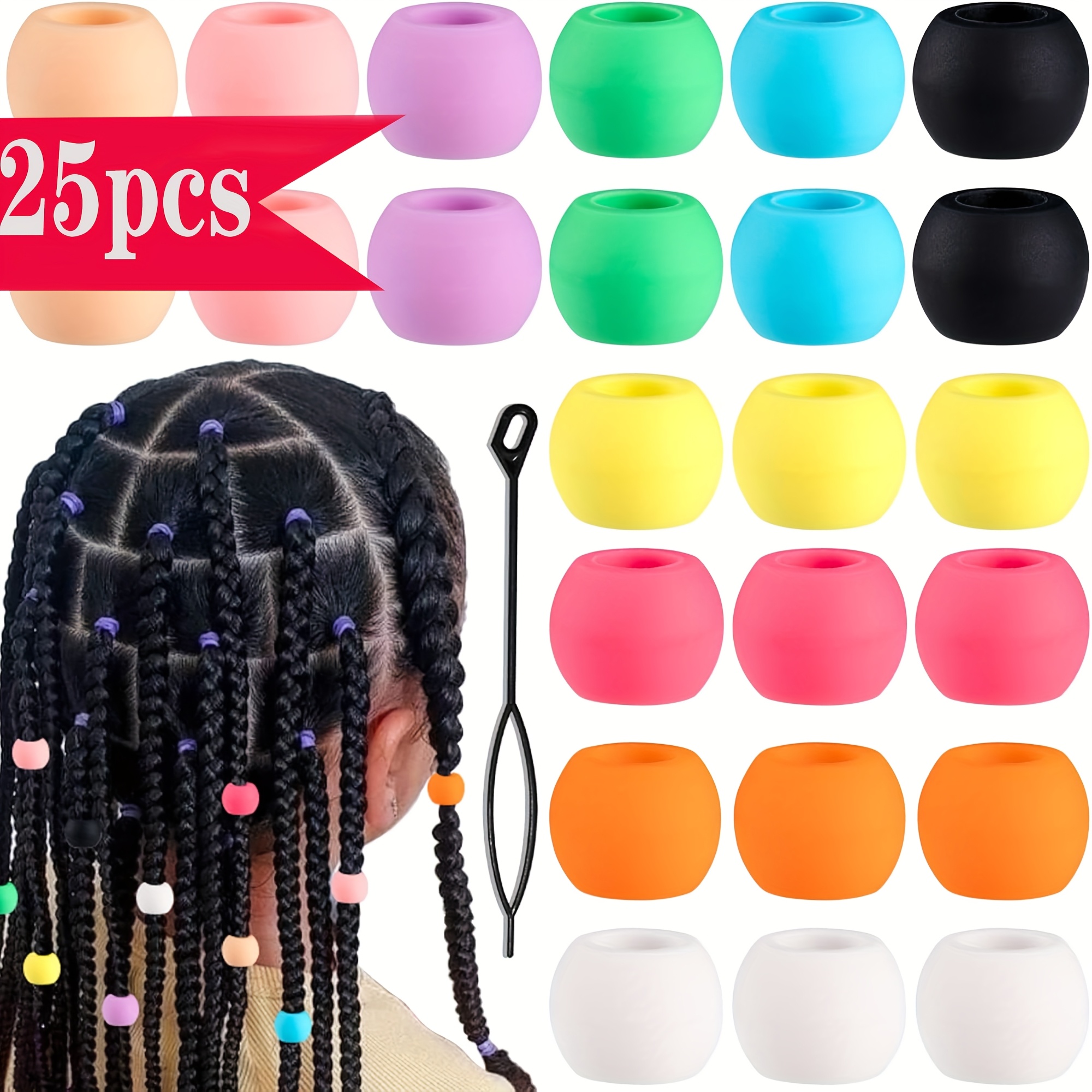 Image of 25pcs Silicone Hair Beads For Women, Colorful Spacer Beads, Soft Braiding Accessories, Suitable For Thin, Thick, And Curly Hair, Includes Black Hair Needles