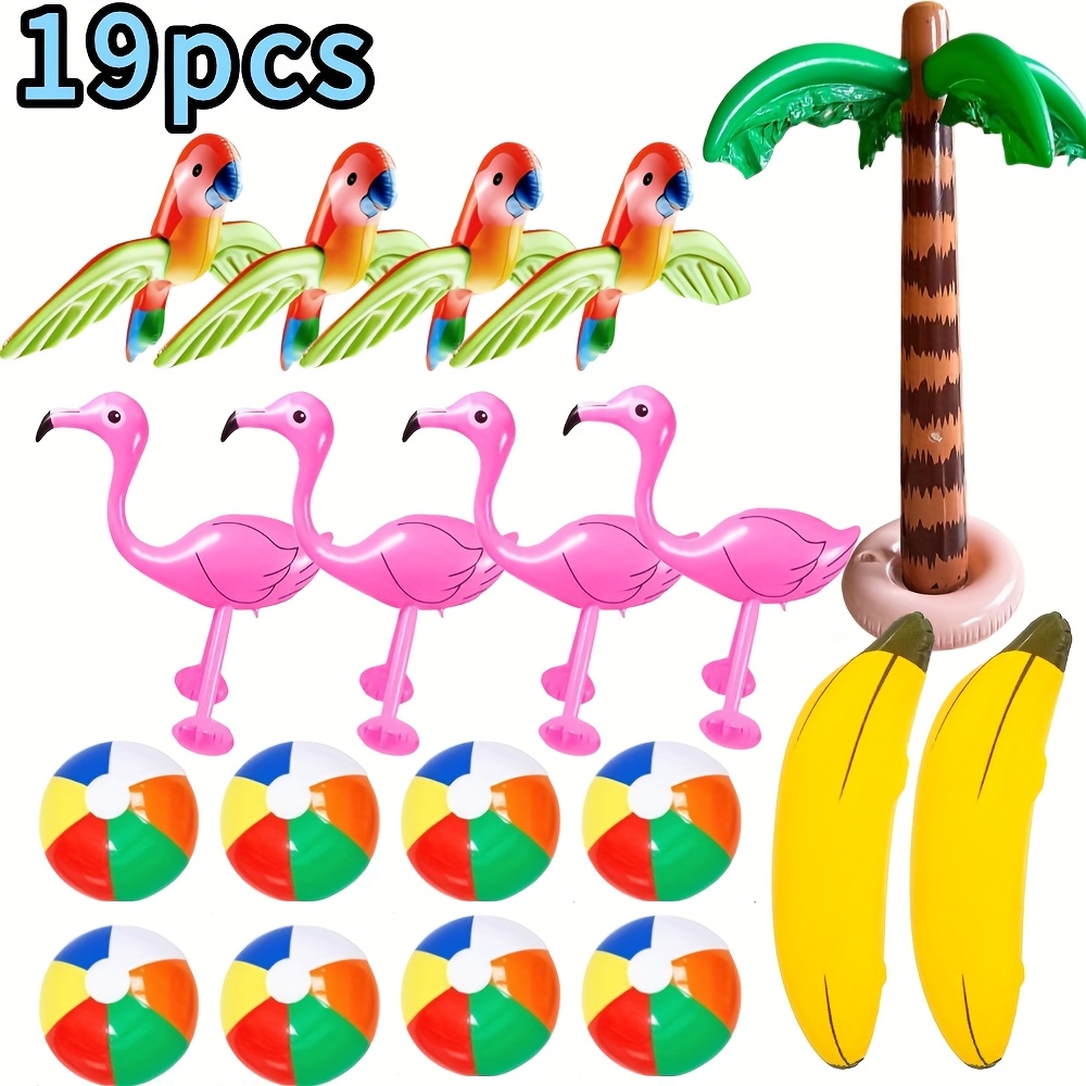 19pcs   party supplies kit inflatable palm tree flamingo   ball set pvc tropical beach decor for pool   and fun family   hawaiian party decorations vibrant tropical theme durable beach toys beach accessorie