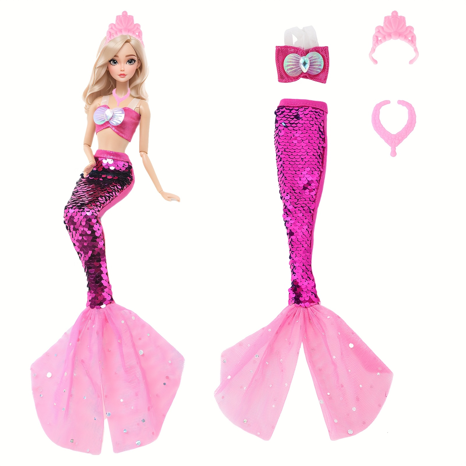 Image of 1 Set Fantasy Mermaid Outfit For 11.5 Inch Girl Doll, Fairy Tale Party Costume Accessories Dress, Including Tops Sequin Fish Tail Skirt Crown Necklace (doll Not Included)