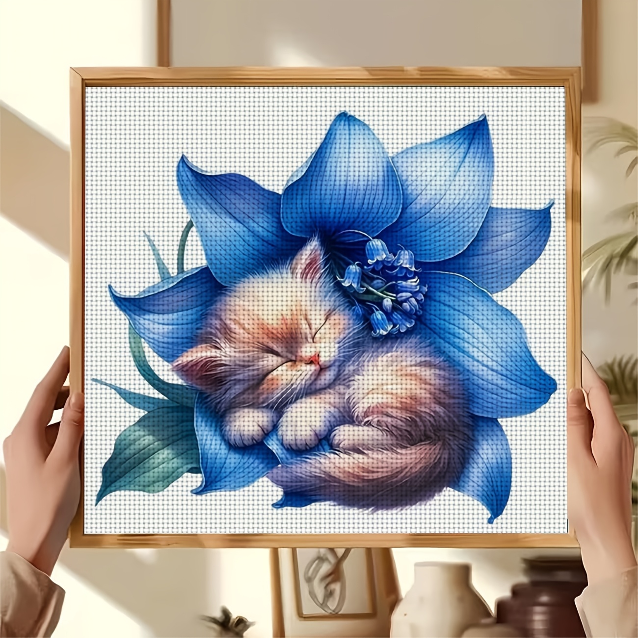 DIY Cross-Stitch Printed Kit Featuring Sleeping Cat Among Blue Flowers