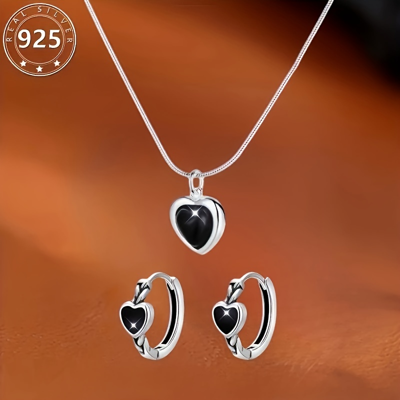 TEMU 2pcs 925 Sterling Silvery Black Earrings + Sterling Silvery Black Heart Pendant, Elegant And , Suitable For Women's Party Earrings Birthday