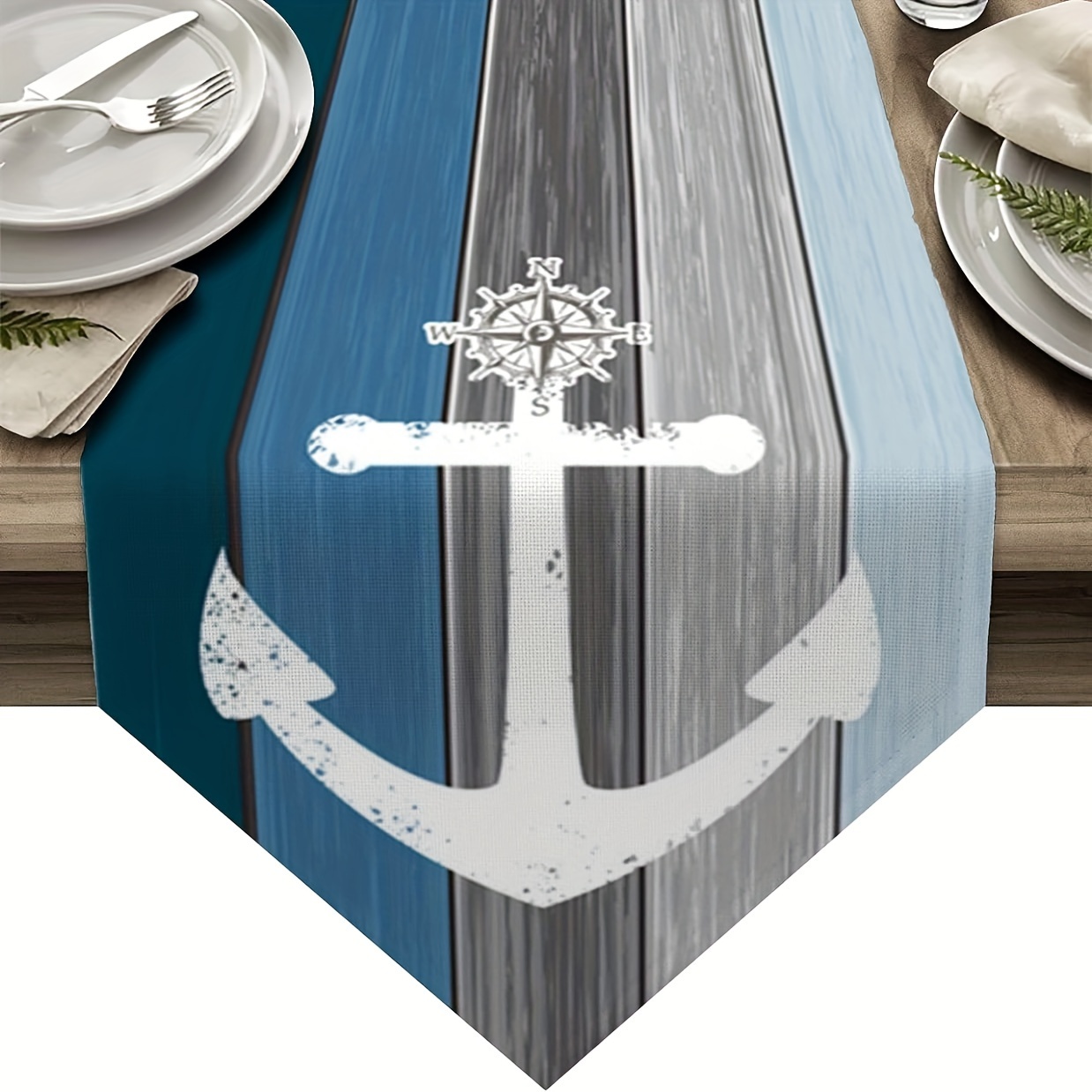 

1pc Long Nautical Runner With Anchor And Compass Design, Marine Vintage Wood Grain Grey And Blue Table Runner For Kitchen, Dinner, Party, Holiday Home Decor 13x48/13x72/13x108/inch