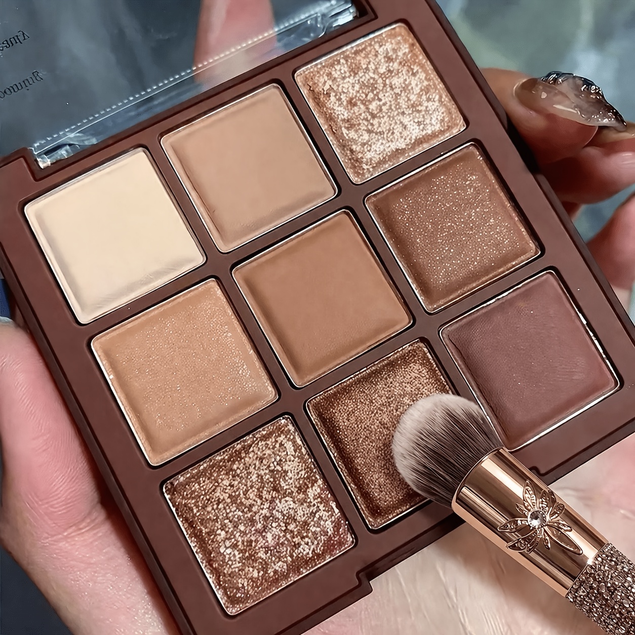 TEMU 9 Colors Brown Nude Eyeshadow Palette High Matte Shimmer Glitter Eye Shadow Long Lasting Waterproof For