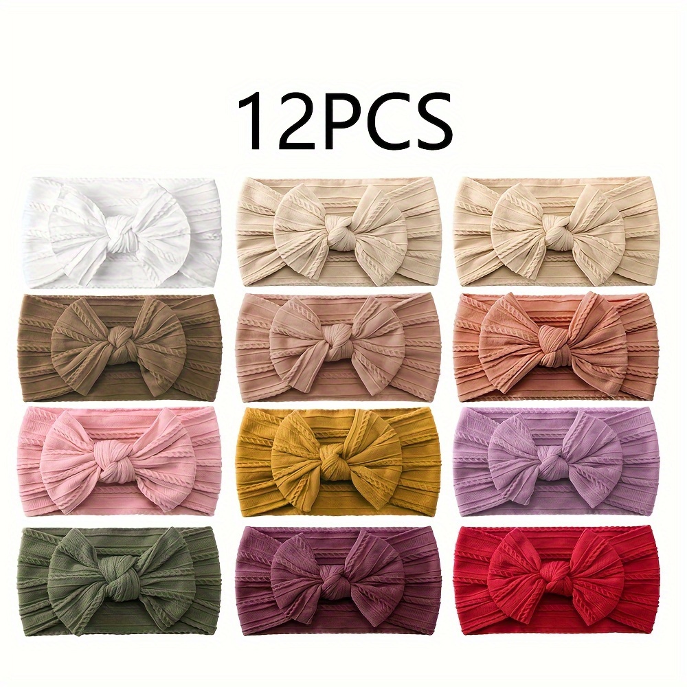 12pcs Soft Nylon Bow Headbands For Girls - Solid Color, Stretchy & Comfortable