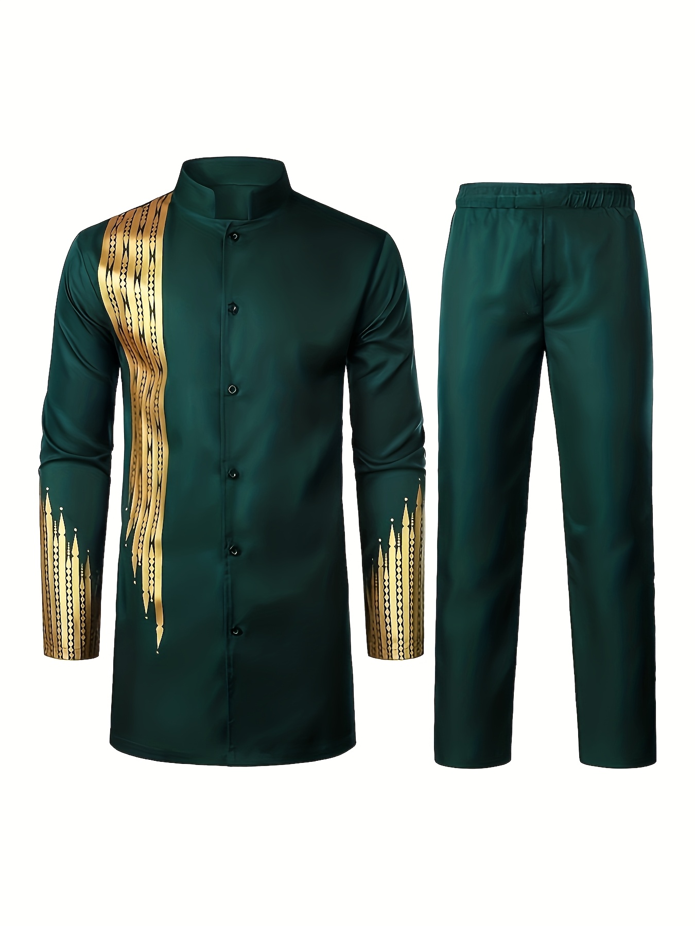 Men'S Casual Long-Sleeve Two-Piece Suit - Mid-Length Top & Trousers, Button Detail, Loose Fit, All-Season Wear, Traditional Cultural Attire, Formal & Everyday Outfits