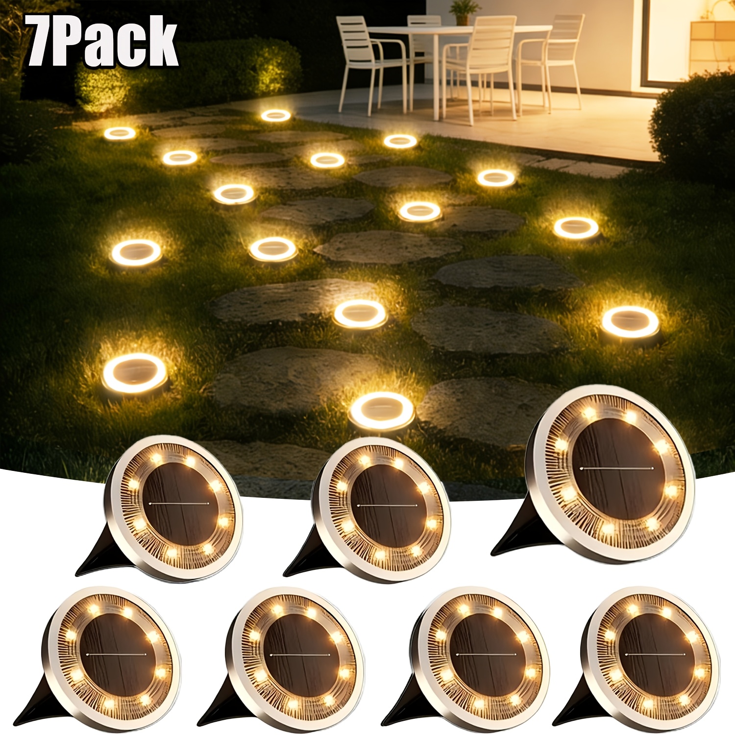 E-shop 7/5er-Pack Solar Bodenleuchte IP44 Gartenleuchte für Außenbereiche, robuste Edelstahlsockel, bequeme Einbauinstallation im Boden, ideal für