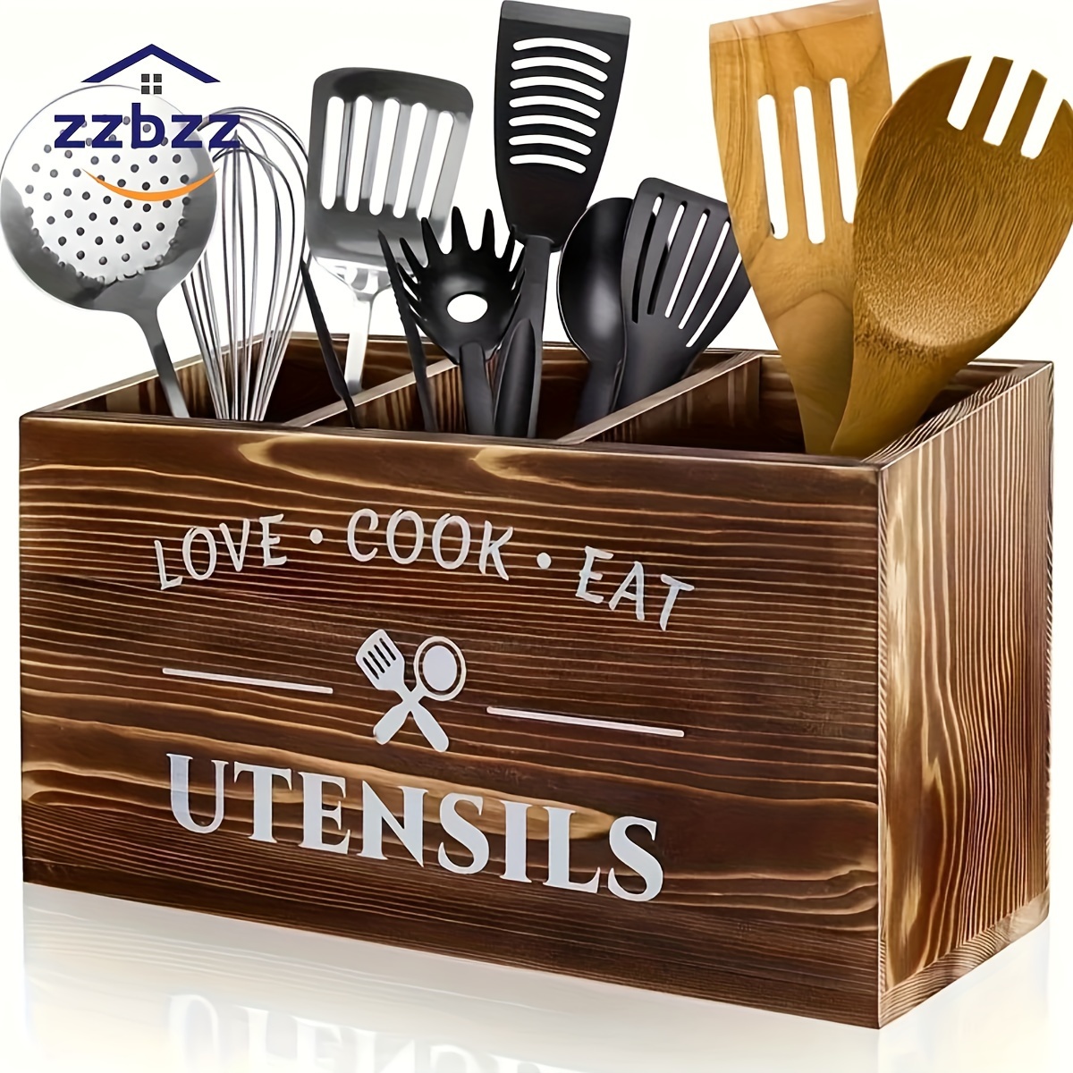 

Zzbzz Rustic Wooden Utensil - 3-compartment Flatware , " " Engraved, -mountable Kitchen Organization, Wood Uncharged Cookware For And Restaurant