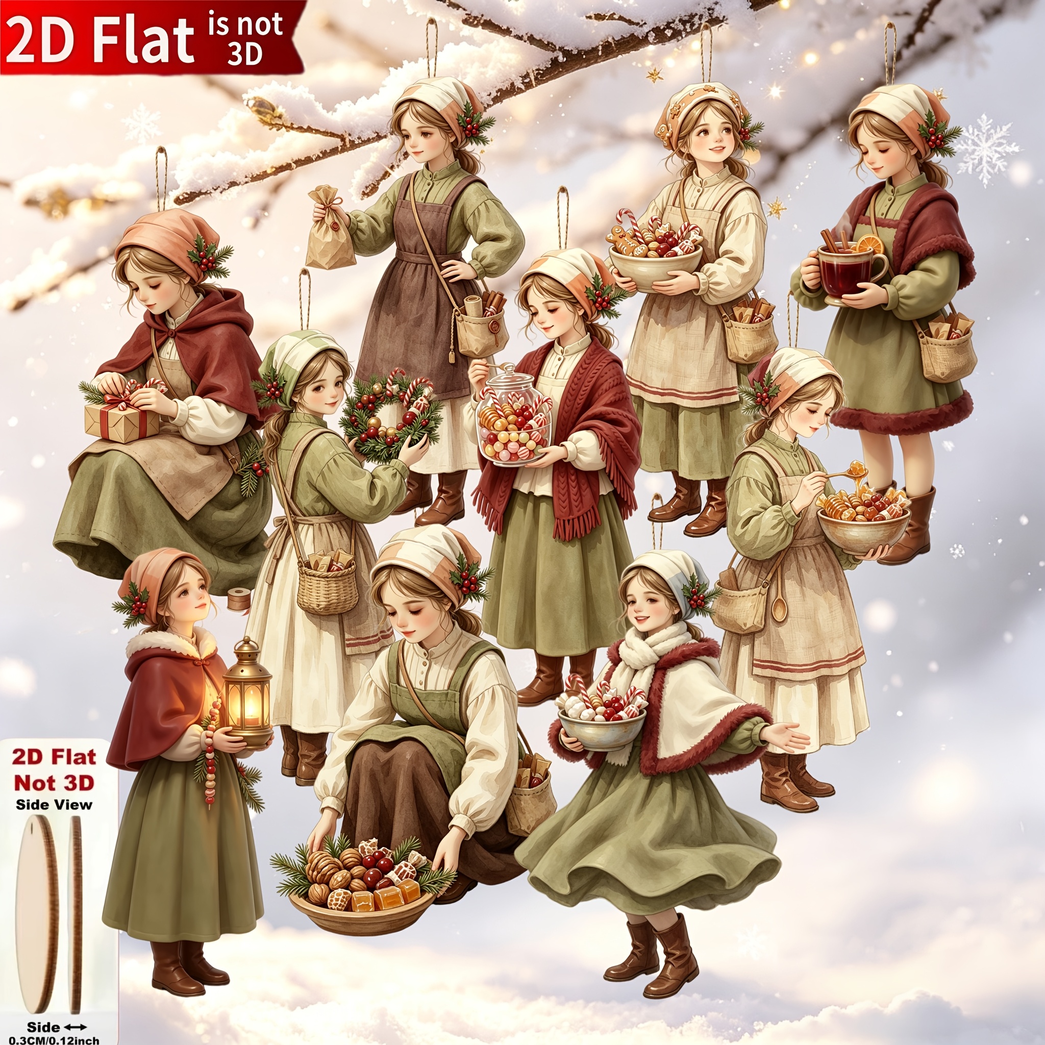 TEMU 2d Flat 10pcs Retro Girls With Headscarves Handcraft Christmas Ornaments With Christmas Elements, Suitable For Trees, Home, Parties, And Holiday