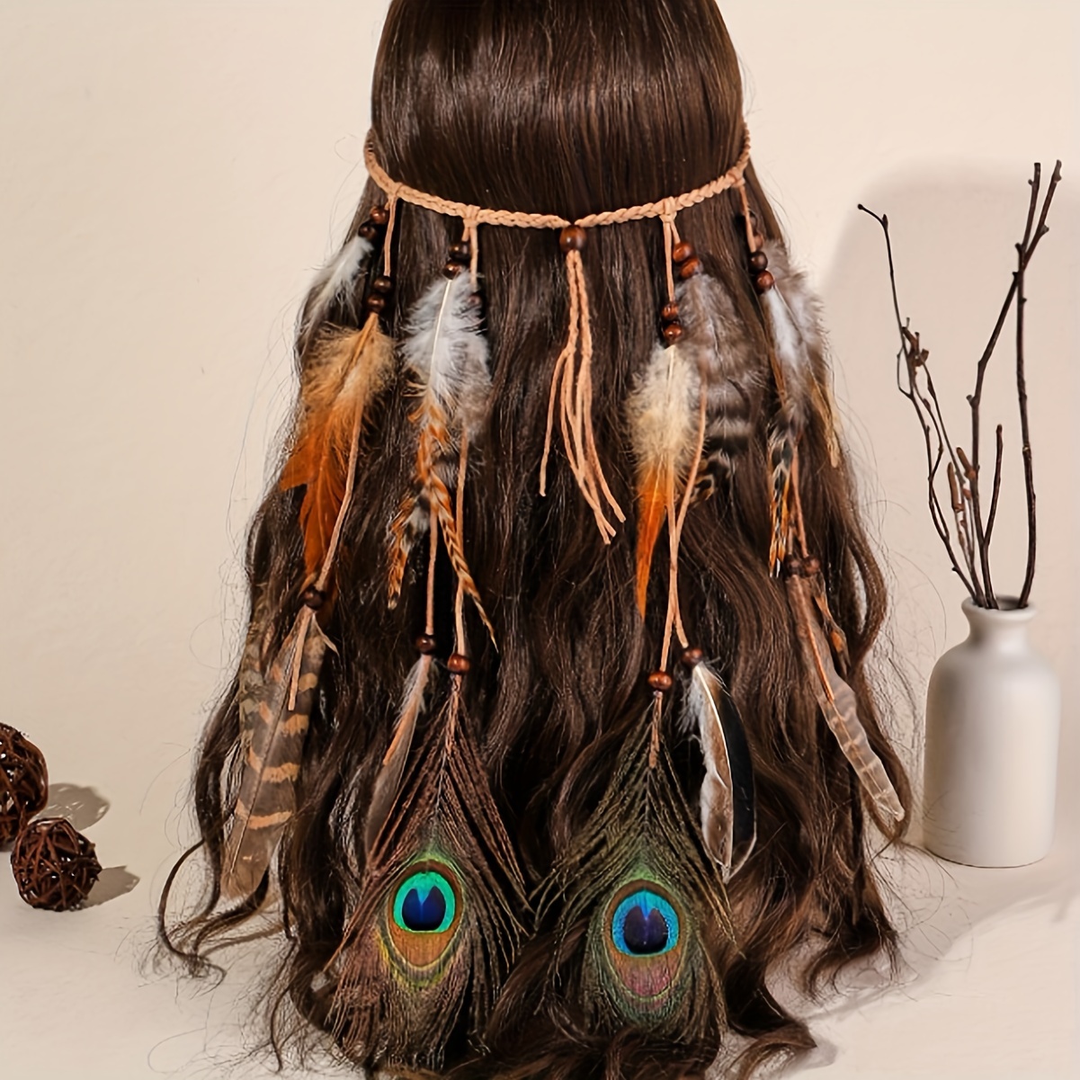 TEMU 1 Boho Style Women's Dress Up Hair Accessories, Style Ethnic Feather Braided Detail Headband For Hair Decoration
