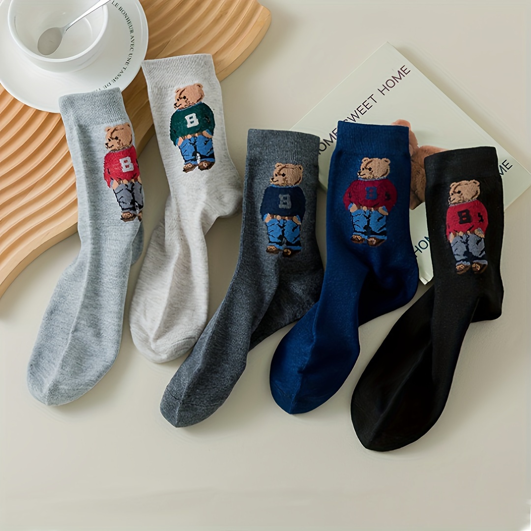 

5pcs Trendy Cartoon Bear & Letter Print Mid-calf Socks - Comfortable, Stretchy Polyester Blend For Sports & Casual Wear