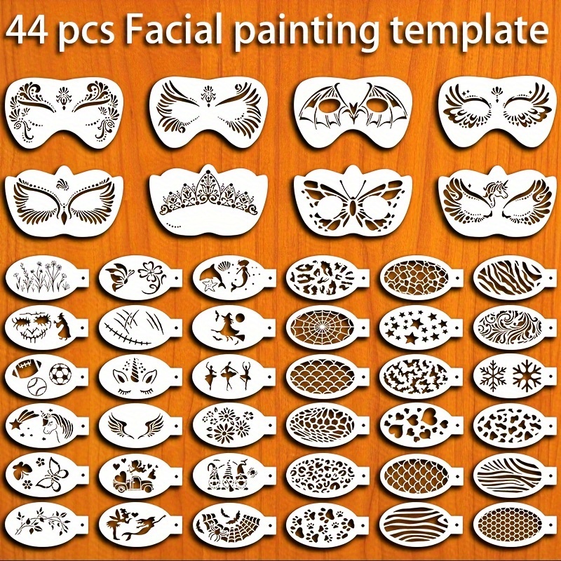 

44-piece Face & Eye Painting Stencil Set - Reusable Diy Facial And Body Art Tattoo Templates, Airbrush Cosmetic Drawing Tools, Versatile For Holidays & Parties