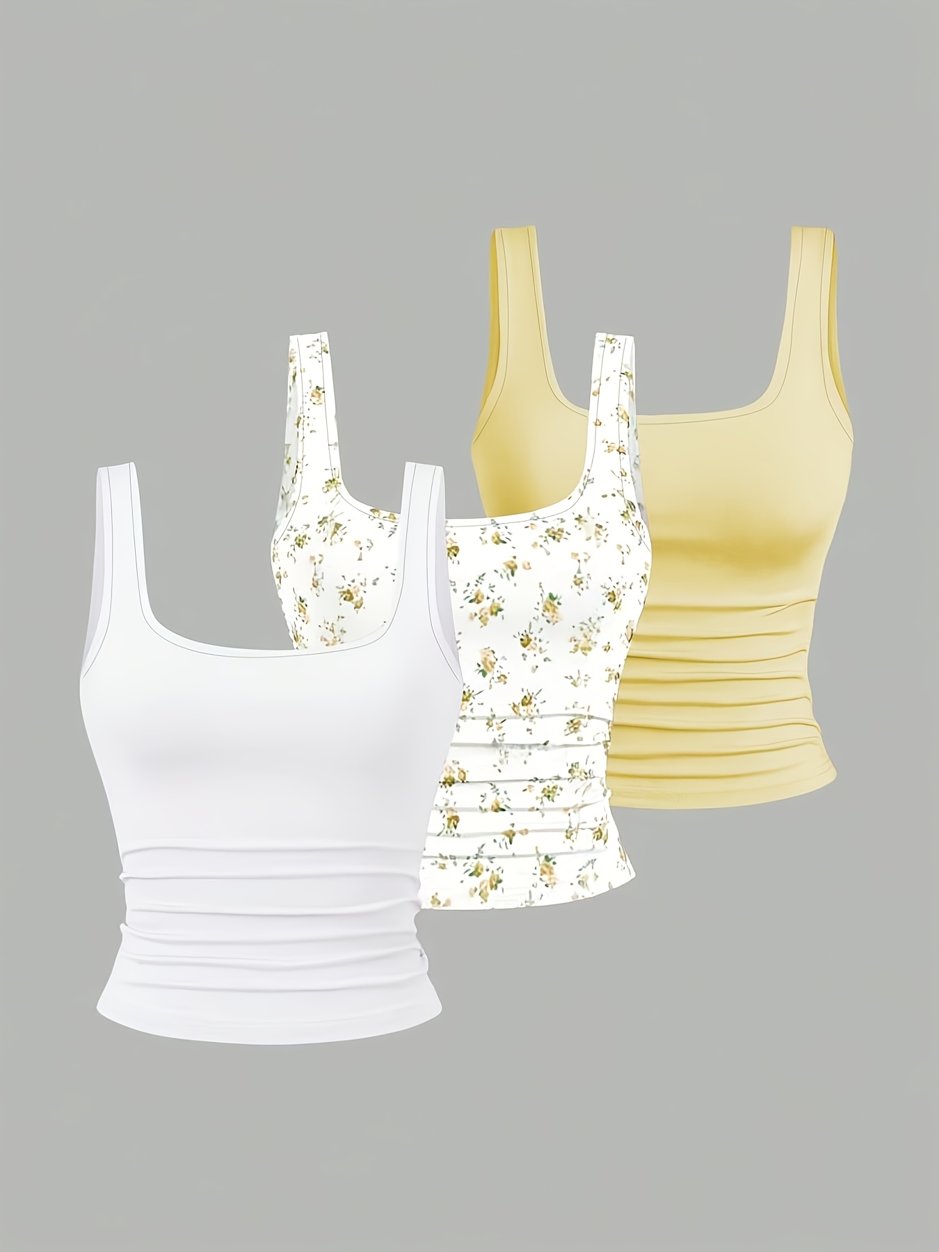 3pcs womens casual square neck pleated camisole tops summer style