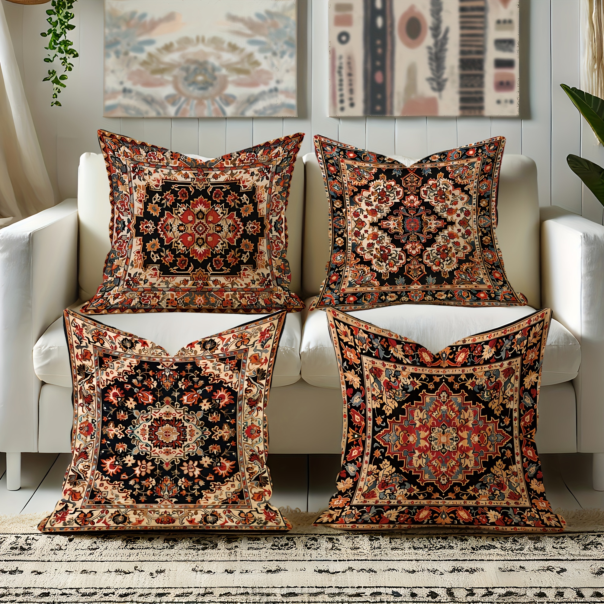 

4pcs Bohemian Linen Throw Pillow Covers - Vintage Persian Pattern In Red, | Decorative Cushion Cases With Zipper Closure For Living Room & Bedroom