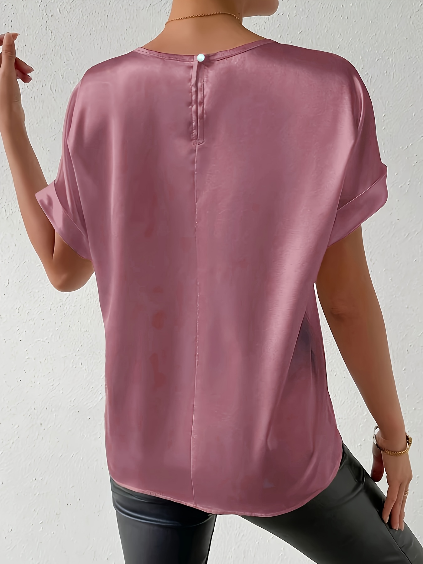 Women'S Plus Size Light Blue Woven Blouse - Elegant Short Sleeve Crew Neck, Solid Color, Non-Stretch Fabric, Perfect for Summer, Casual Summer Wear|Sleek Fitted Look|Nonstretch Material, Plus Size Blouses