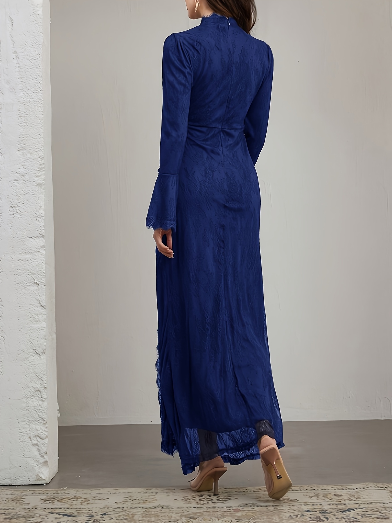 elegant long sleeve lace dress with ruffle neckline and belted waist stand collar long length suitable for     Product details 11