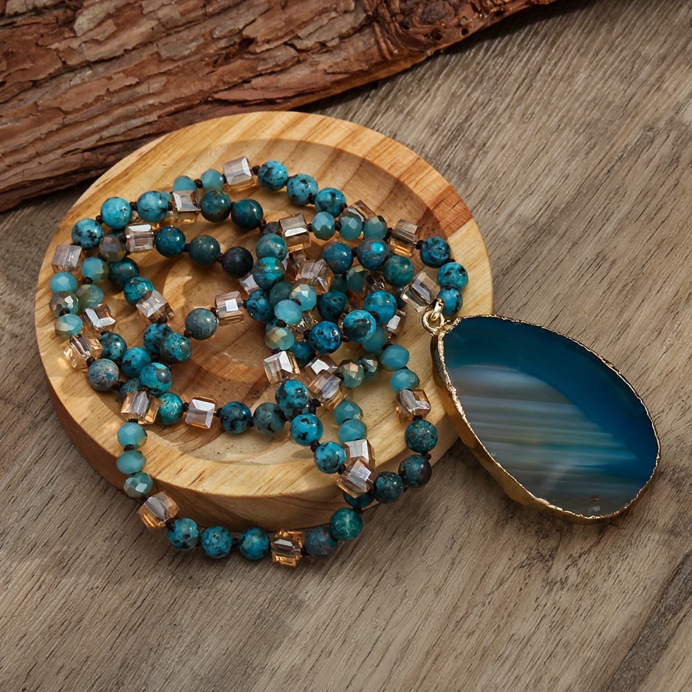 6mm Natural Knot Necklace with Striped Agate Drop Pendant Bohemian  Golden-Tone Sweater Chain for Women, Spring Summer Daily Wear Mothe