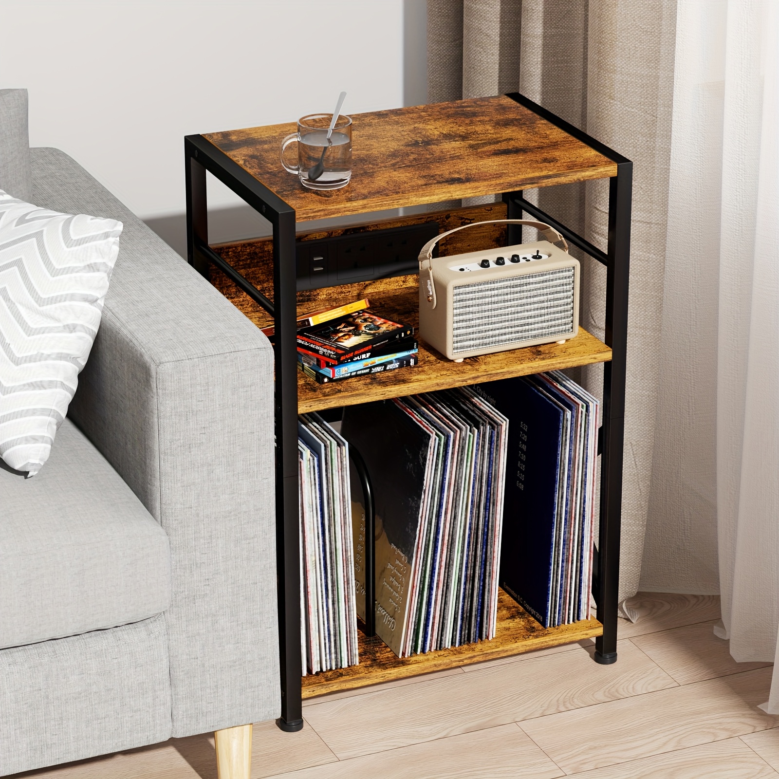 Wooden Record Player Stand with Socket, 3 Layers for 200 Albums