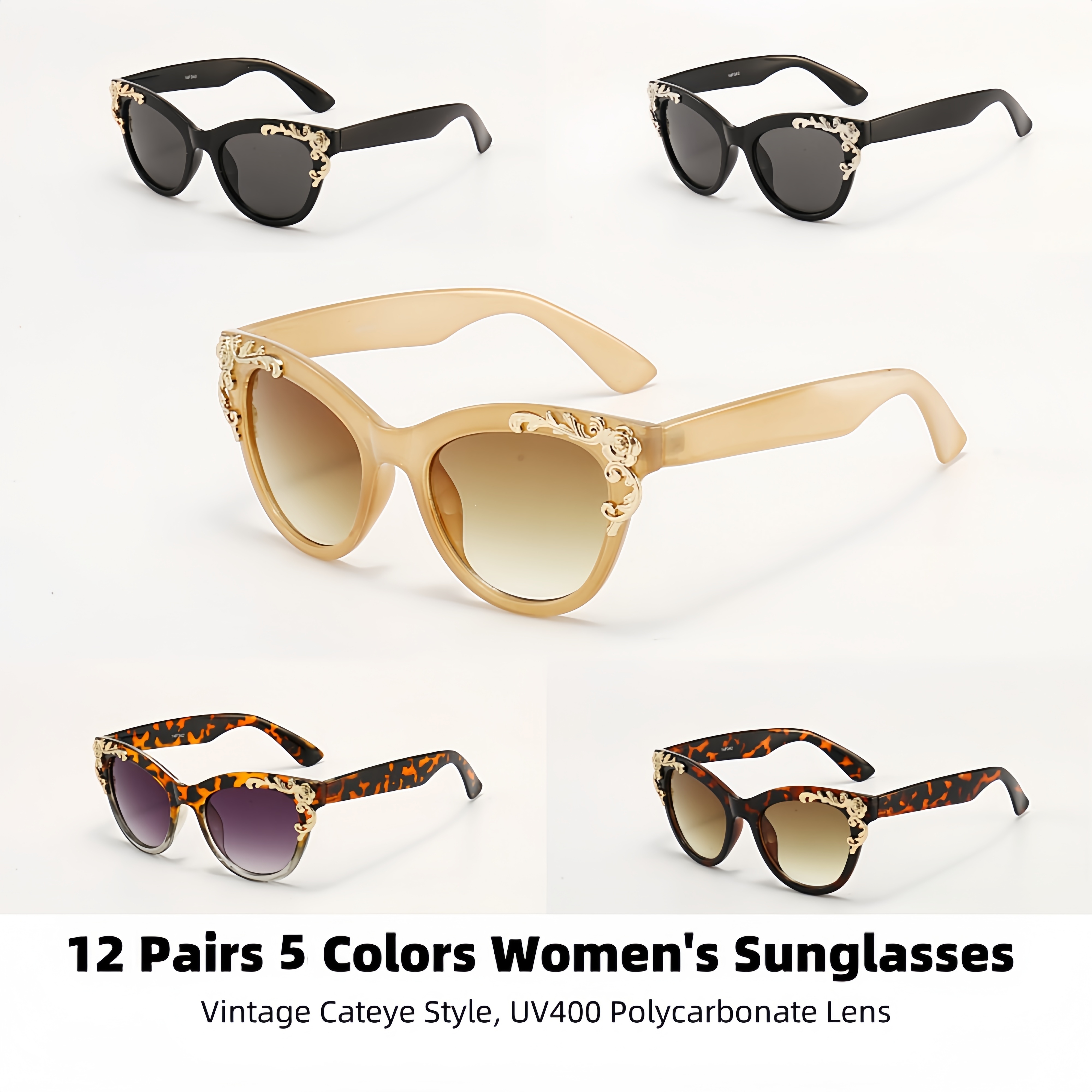 

12pcs 5 Colors Women's Glasses Vintage Style Anti Glare Sun Shades Pc Wide Temple