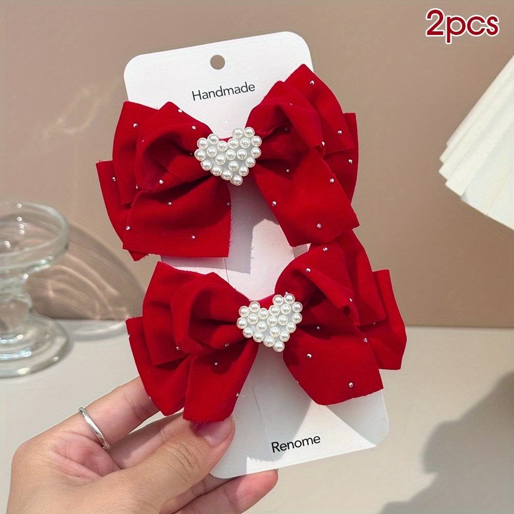 Image of 2pcs Red And Black Glitter Velvet Hair Bow Clips Heart Decor Hair Barrettes Stylish Hair Accessories For Girls & For Date Nights Party Outfits Daily Wear