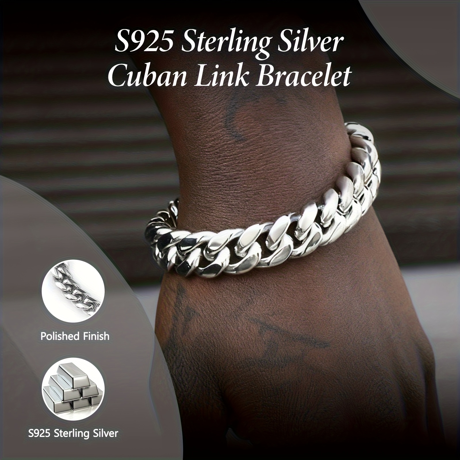 TEMU S 925 Silvery Men's Cuban Chain Bracelet, 12mm Thick Chain Classic , 7/ 8/ 9inch Optional, Hip-hop Punk Style, Daily Street/ Rap Live Wear,